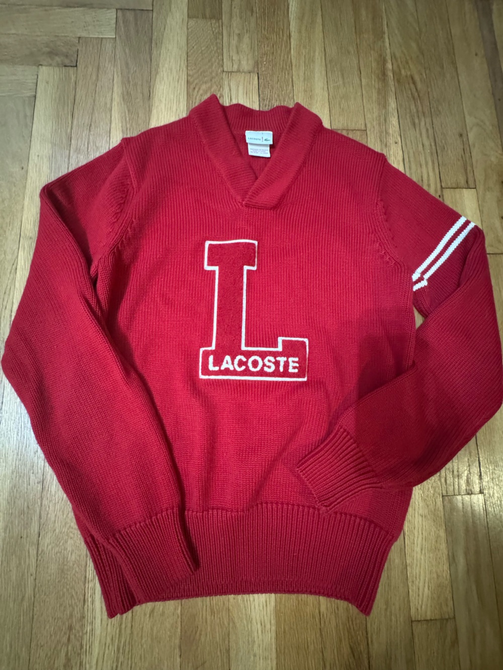Lacoste Men's Bright Red Crewneck Varsity Sweater with Embroidery
